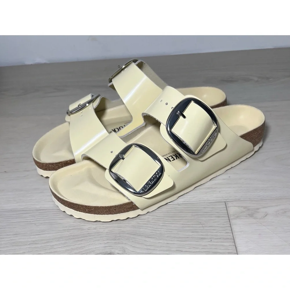 +NEW Birkenstock Arizona Big Buckle Natural Leather Patent High-Shine Butter